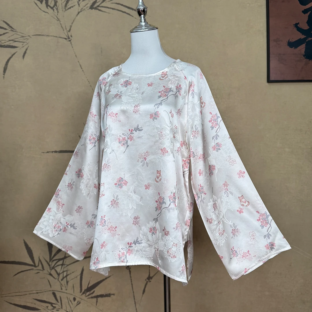 【卷卷新中式】“夏末未至”柿柿如意猫国风上衣 重磅桑蚕丝100%