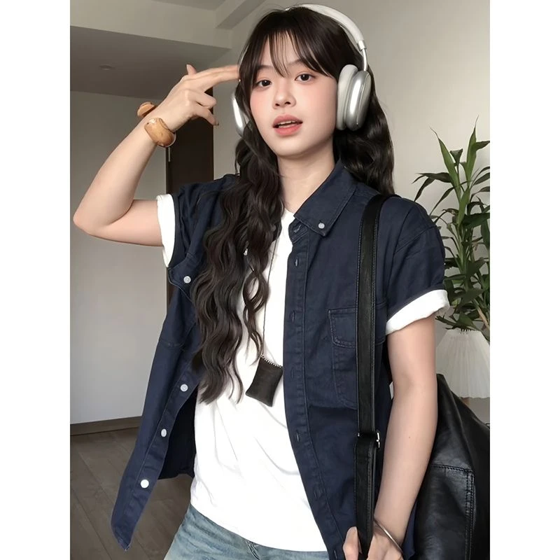 复古港味牛仔衬衫女宽松设计感短袖宽松显瘦百搭复古休闲开衫外套
