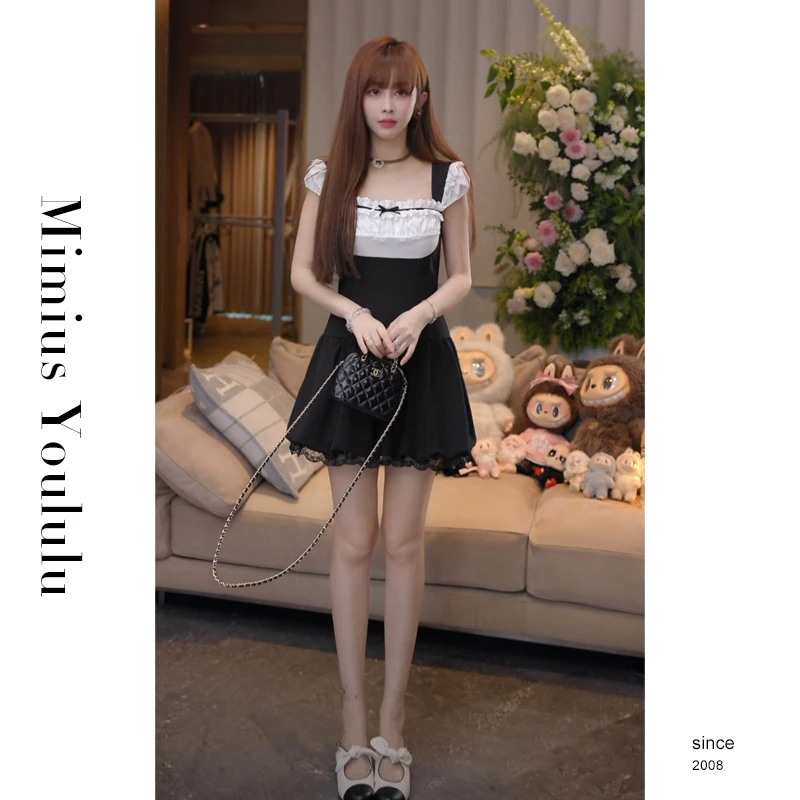 【mimius】喵喵 高级感名媛风花边方领收腰连衣裙 G06230