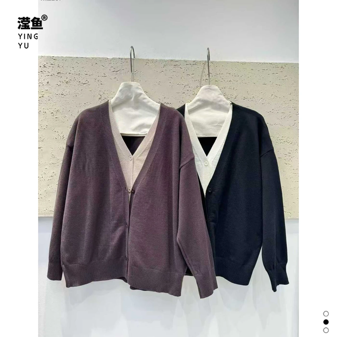 麦希 711大码女撞色假两件针织上开衫宽松显瘦时尚洋气百搭款上衣