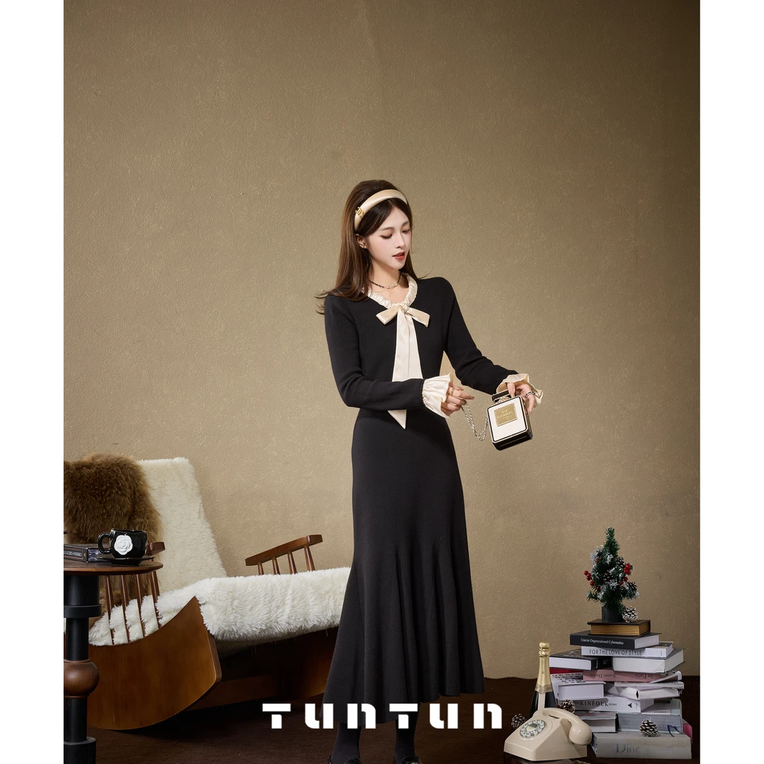 吞吞TUNT【烛光晚餐】赫本气质 法式香槟金飘带连衣裙4