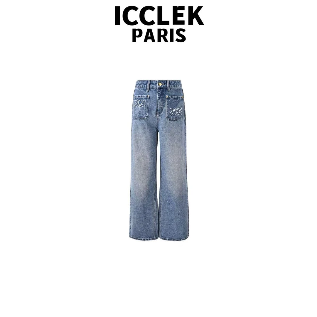 ICCLEK 蓝色高腰直筒百搭牛仔裤百搭宽松阔腿裤  -  9067