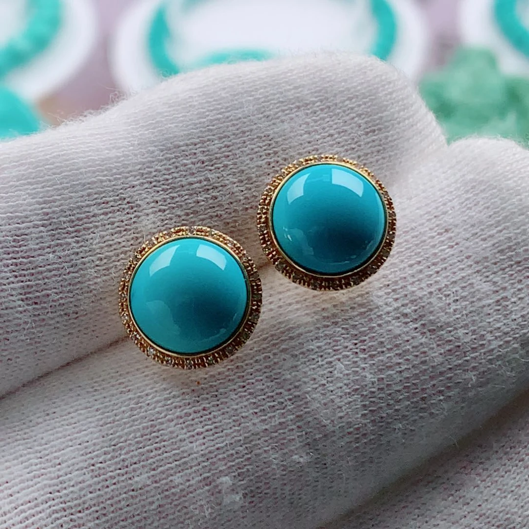 绿松石18K金镶嵌耳钉