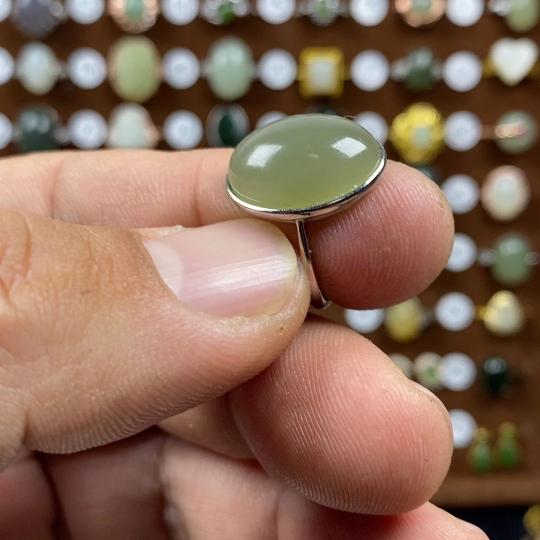 和田玉（青白玉）戒指银S925镀金镶嵌