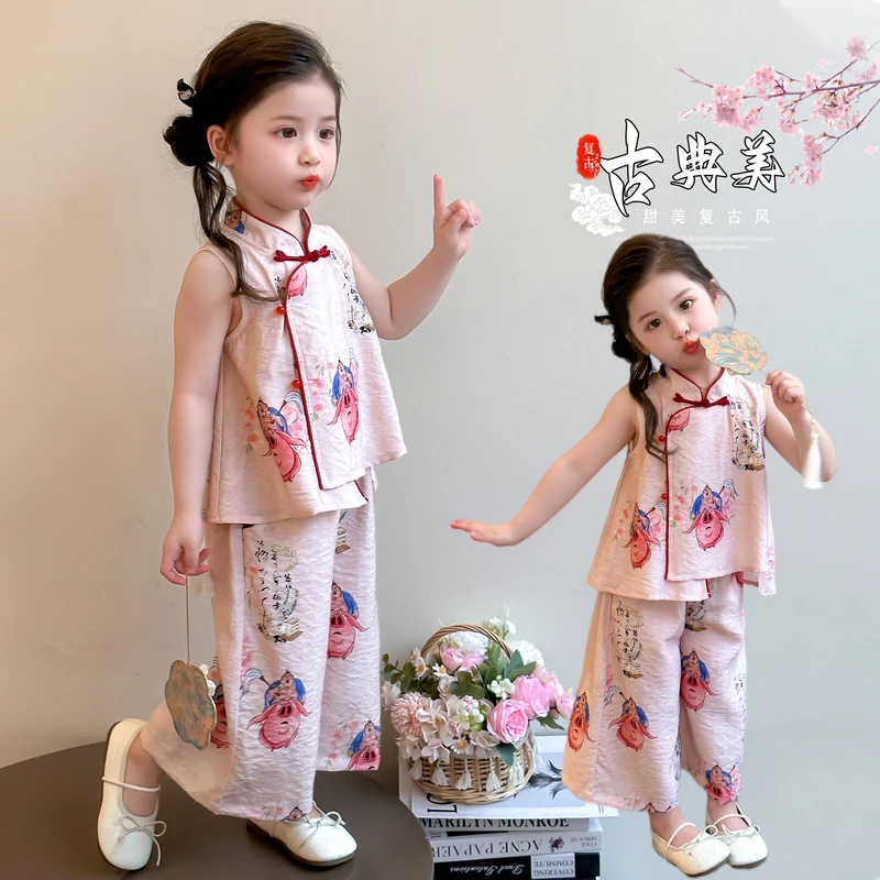 夏装薄款两件套可爱儿童旗袍女童复古汉服套装夏季国潮女孩新中式