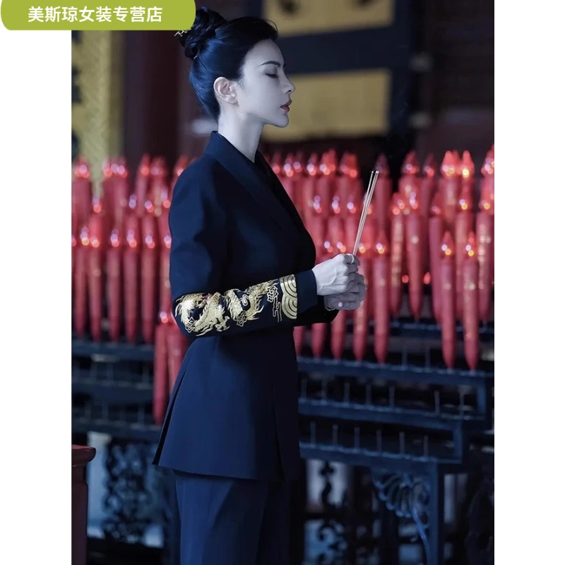 ll2025年秋独特别致高级感超好看上衣阔腿裤套装黑色潮流西装外ll