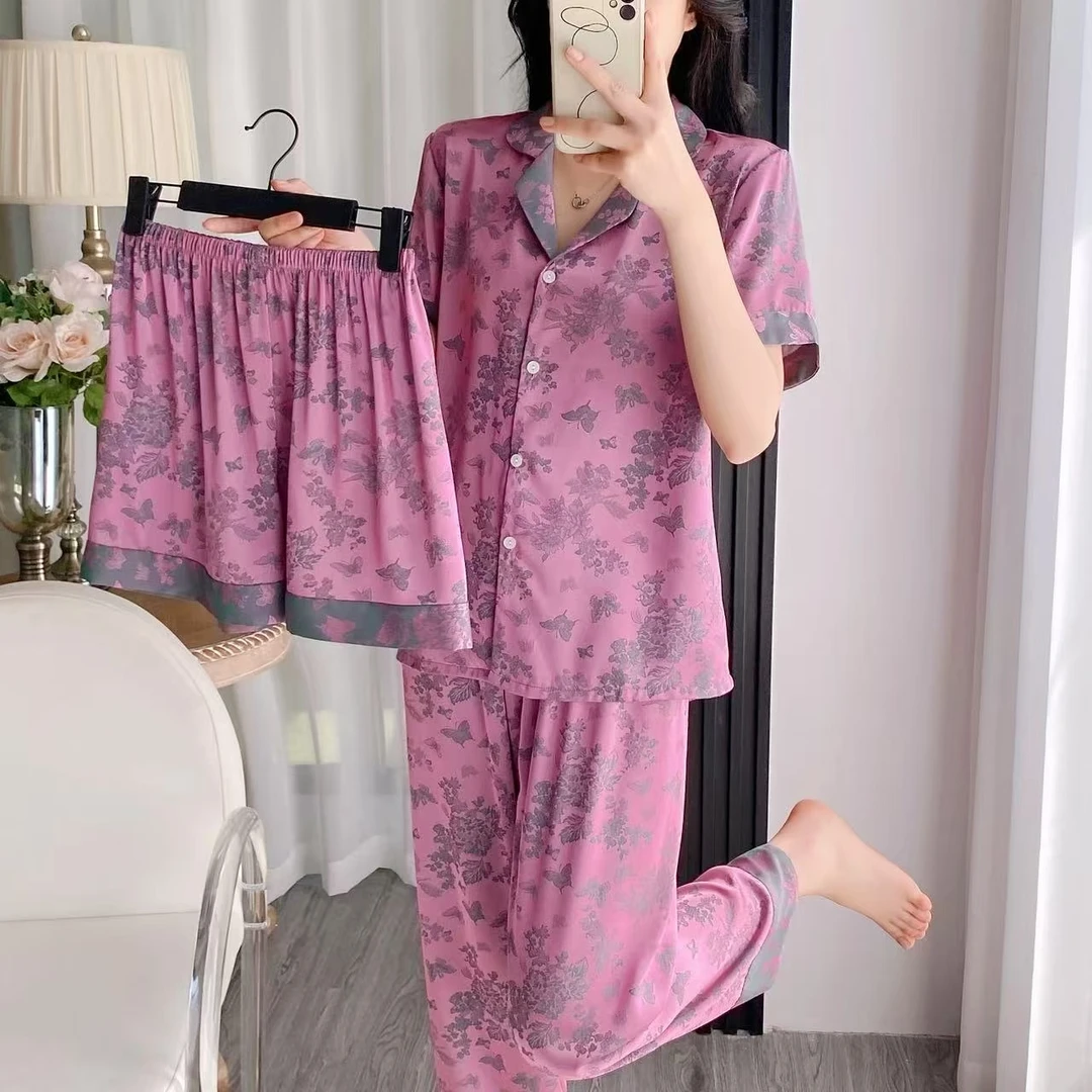 【妈妈款】夏季新款冰丝香云纱优雅轻奢短袖长裤三件套装YS家居服