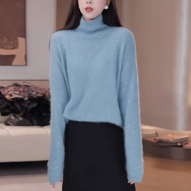 秋冬慵懒风蓝色高领毛衣女士软糯宽松显瘦亮片内搭打底针织衫上衣