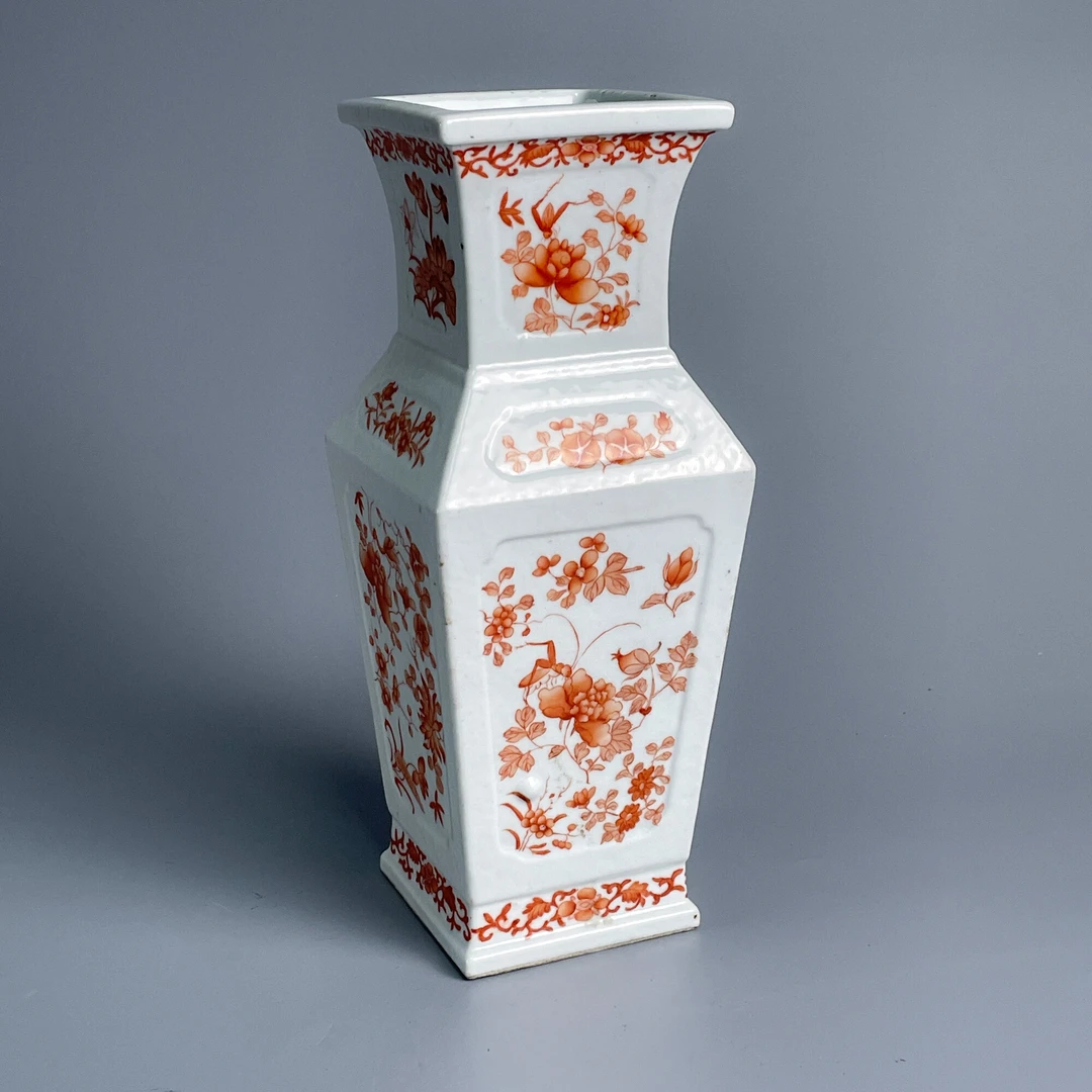 瓷器/古董民国矾红花卉纹四方瓶M25DB003859古玩/收藏/文物绣花张