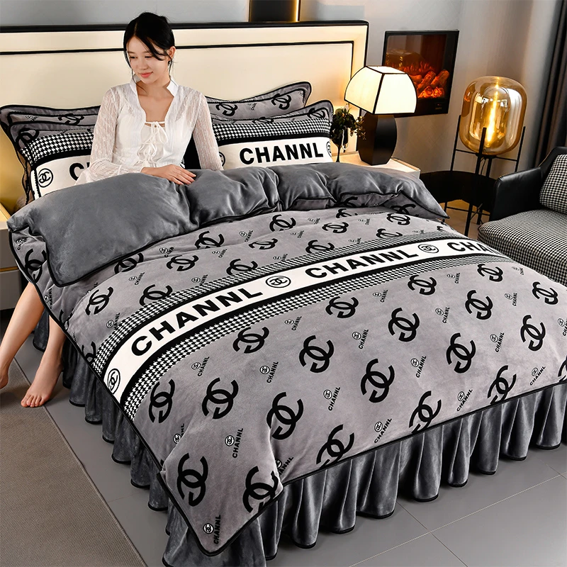 冬季加厚牛奶绒四件套双面法兰绒被套床裙款珊瑚绒毛绒床单防静电