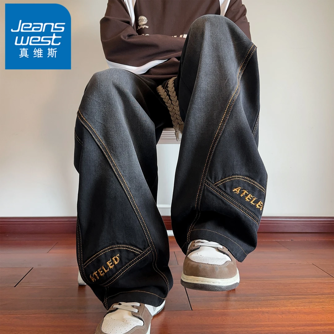 真维斯字母刺绣牛仔裤男美式潮牌帅气阔腿裤子春秋冬季宽松直筒裤