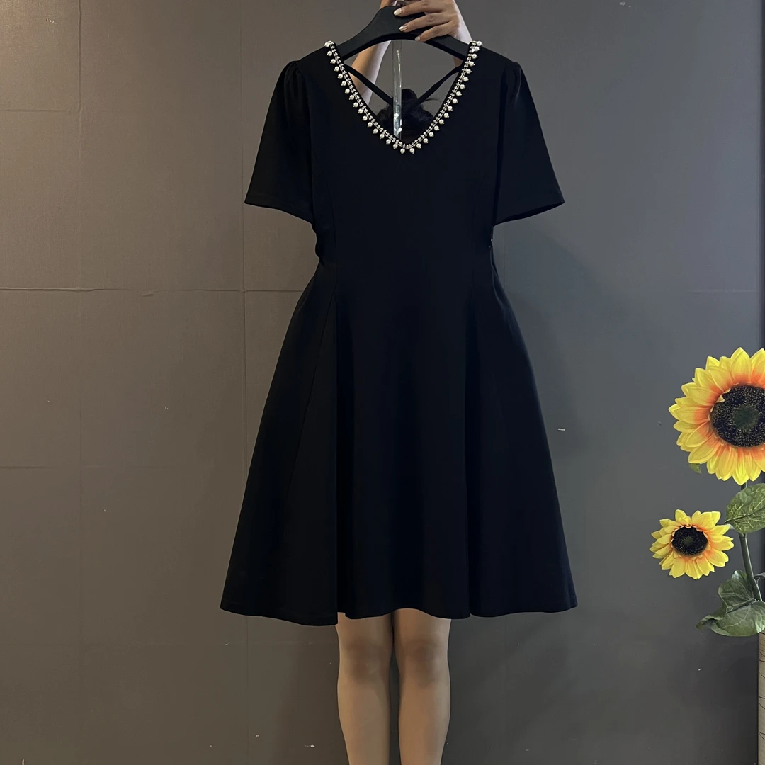 高腰A字裙法式夏季V领钉珠交叉美背大码显瘦小黑裙962