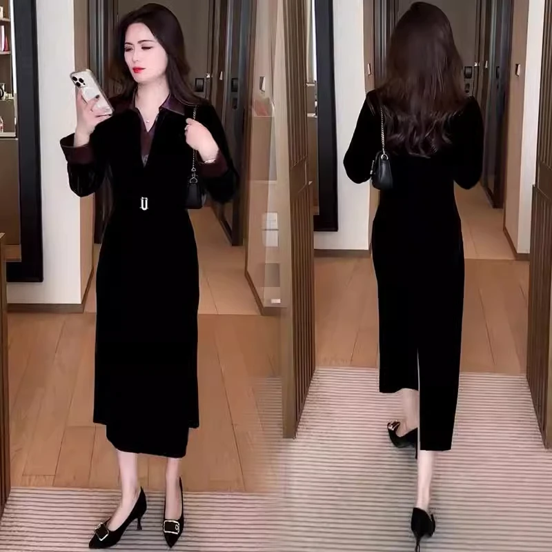 高端精致连衣裙女2025春季气质女神范中年妈妈装显瘦假两件长裙子