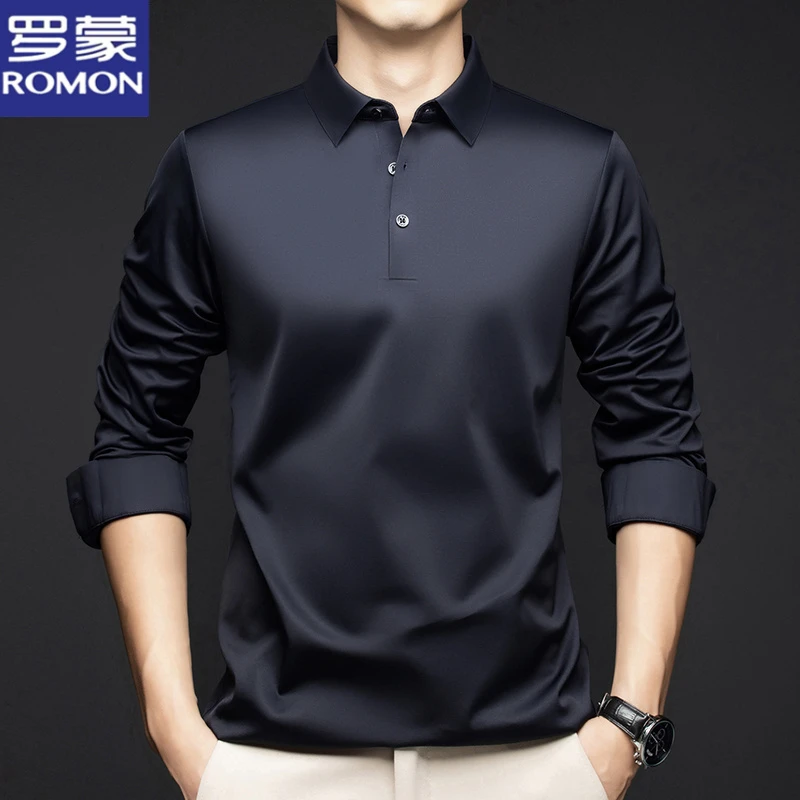 罗蒙春秋新款男士含桑蚕丝长袖T恤休闲商务纯色无痕翻领POLO衫男