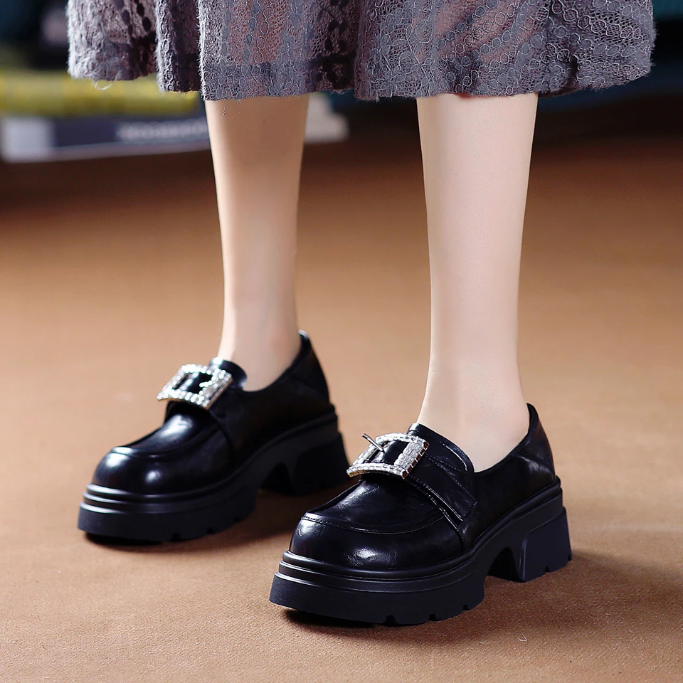 5CM[已经开价]方头中高跟鞋2025春季水钻皮带扣厚底粗跟单鞋6901