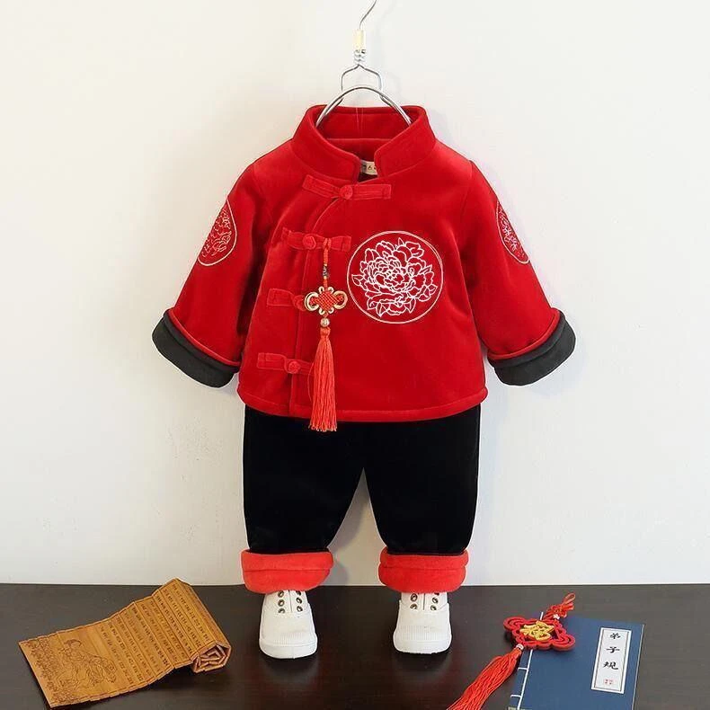 【商场撤柜】唐装服拜年服男女儿童冬季款加厚绒新年套装周岁抓