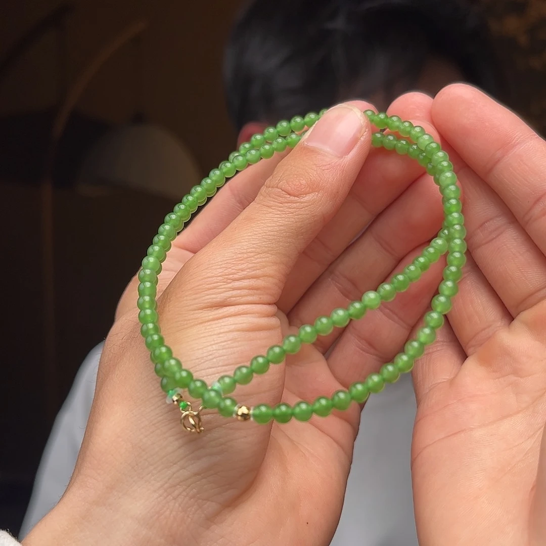 和田玉项链18K金镶嵌碧玉无矿点小米珠