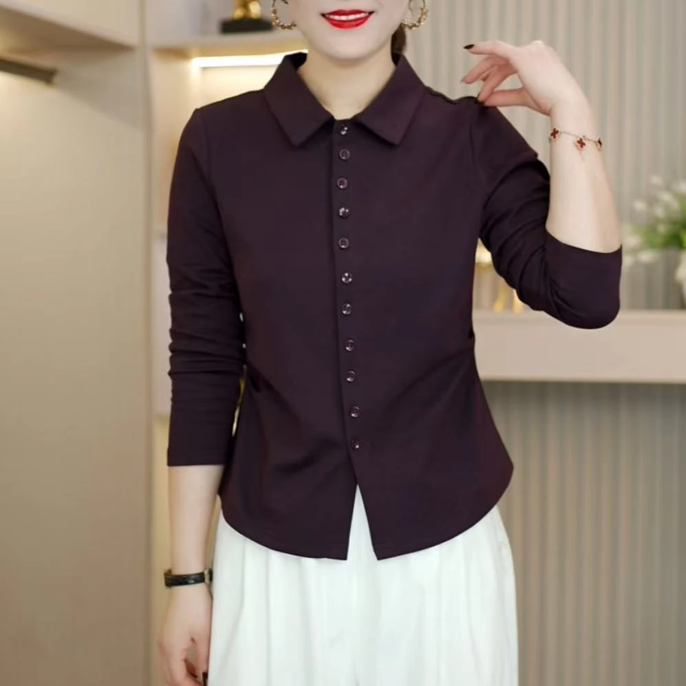 2025秋季新款简约时尚气质纯色收腰6扣眼百搭打底上衣衬衣