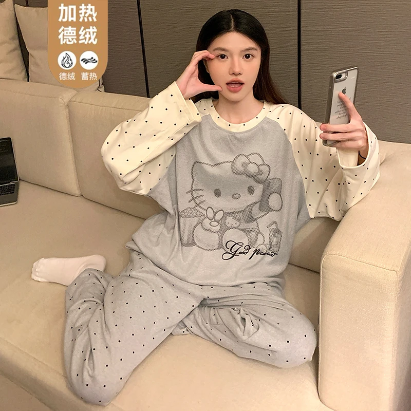 韩系ins德绒可爱猫咪睡衣女秋冬季保暖可外穿长袖休闲家居服套装