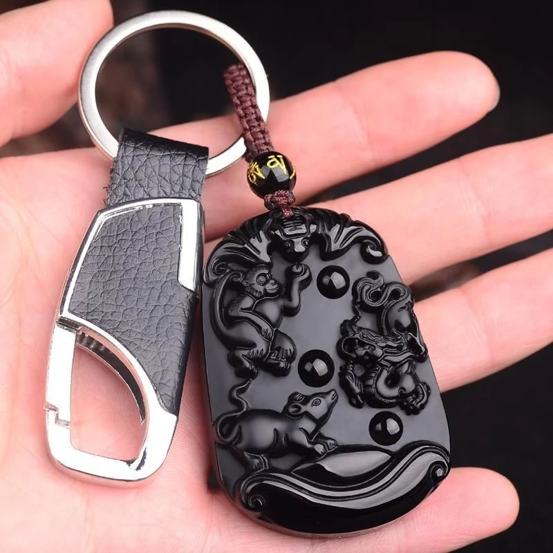 属猴鼠龙申子辰三合项坠水局黑曜石龙鼠护岁男女款吊坠鼠龙形饰物