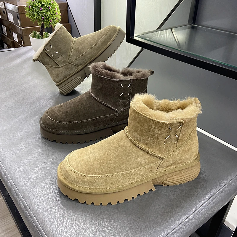 男鞋雪地靴冬季2025真皮全羊毛保暖棉鞋厚底防滑魔术贴简约面包鞋