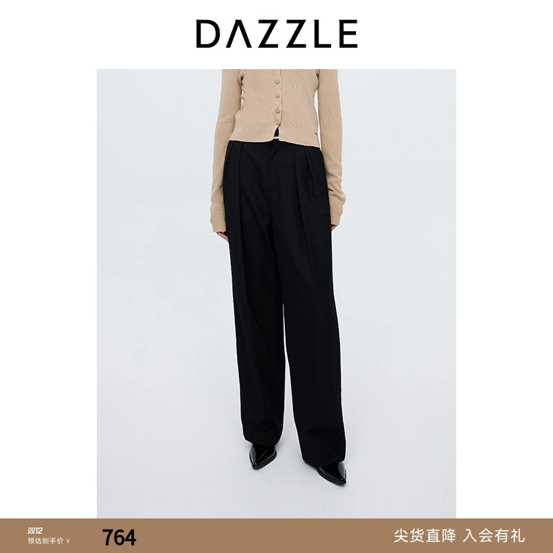 DAZZLE地素休闲裤黑色复古褶饰阔腿长裤2I3Q4551F