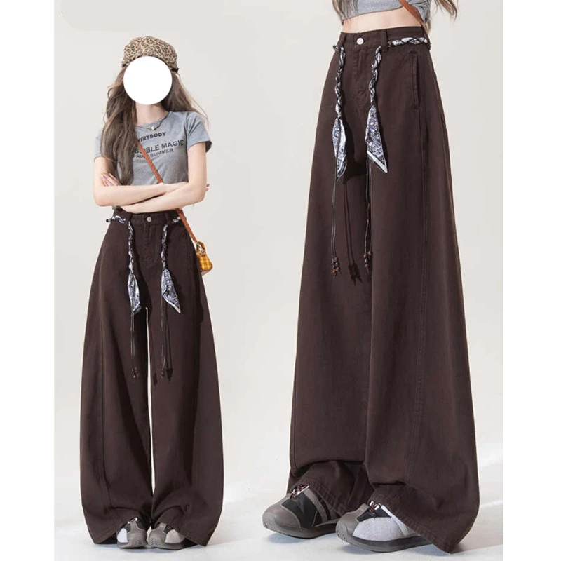 【送腰绳】美式复古设计感阔腿裤女2025秋季新款百搭直筒牛仔拖地裤