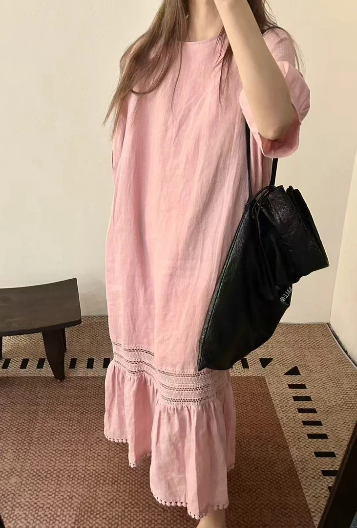 SU.KK苎麻纯色拼接连衣裙圆领简约通勤长裙法式