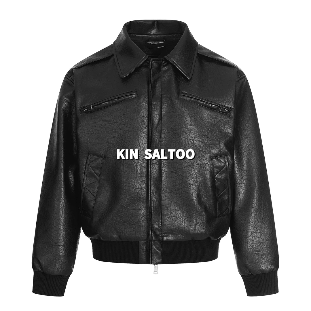 KINSALTOO“阿尔法黑夹克“痞帅机车型短款复古多口袋工装皮衣外套