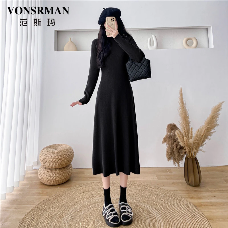 VONSRMAN黑色高领连衣裙女2025秋冬新款时尚内搭气质收腰过膝长裙
