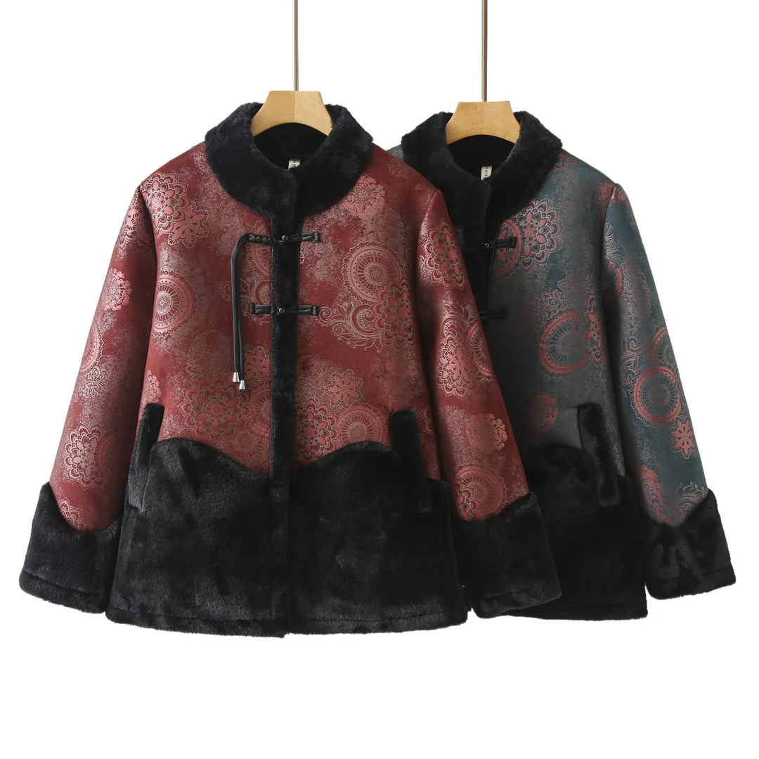 新中式奶奶棉服高档皮毛一体加绒保暖外套洋气中老年女装秋冬棉袄