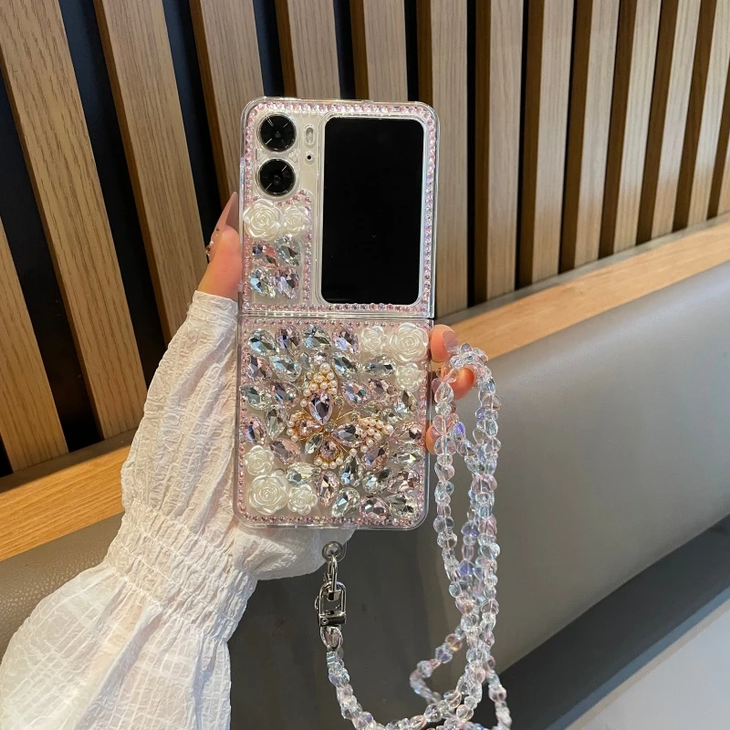 适用oppofindn2flip手机壳彩绘满钻蝴蝶玫瑰挂饰n3flip外壳潮流