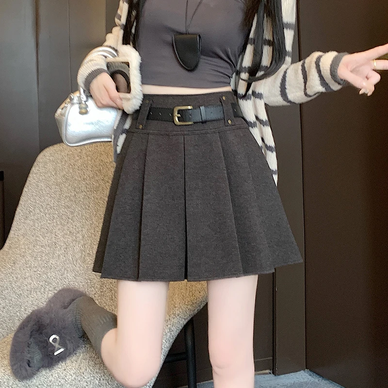 实拍2025冬季毛呢百褶半身裙女季百搭高腰显瘦A字裙防走光裤裙子