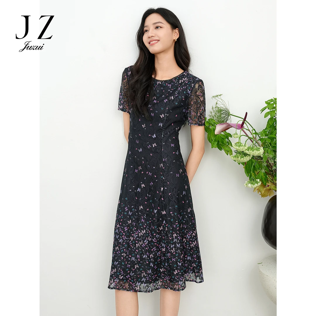 JUZUI玖姿JLFX50041气质减龄蕾丝网纱蝴蝶连衣裙女2025夏季新款