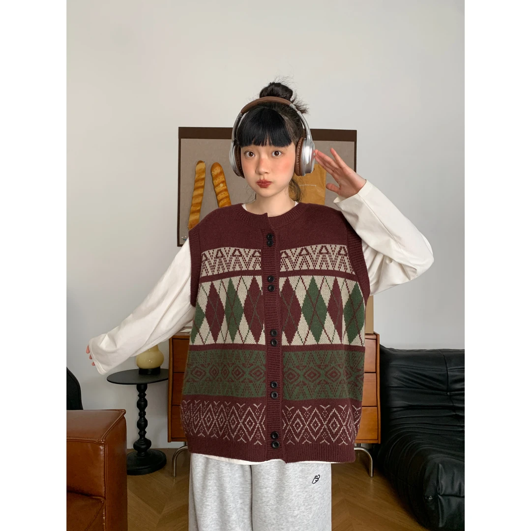 复古菱格叠穿针织马甲韩版2025春季新款百搭显瘦慵懒宽松外搭背心