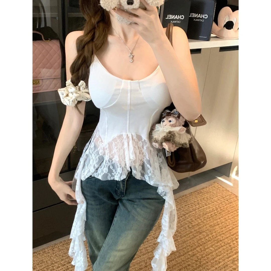 A107法式气质设计感纯欲一体胸垫流苏飘带背心吊带打底内搭蕾丝