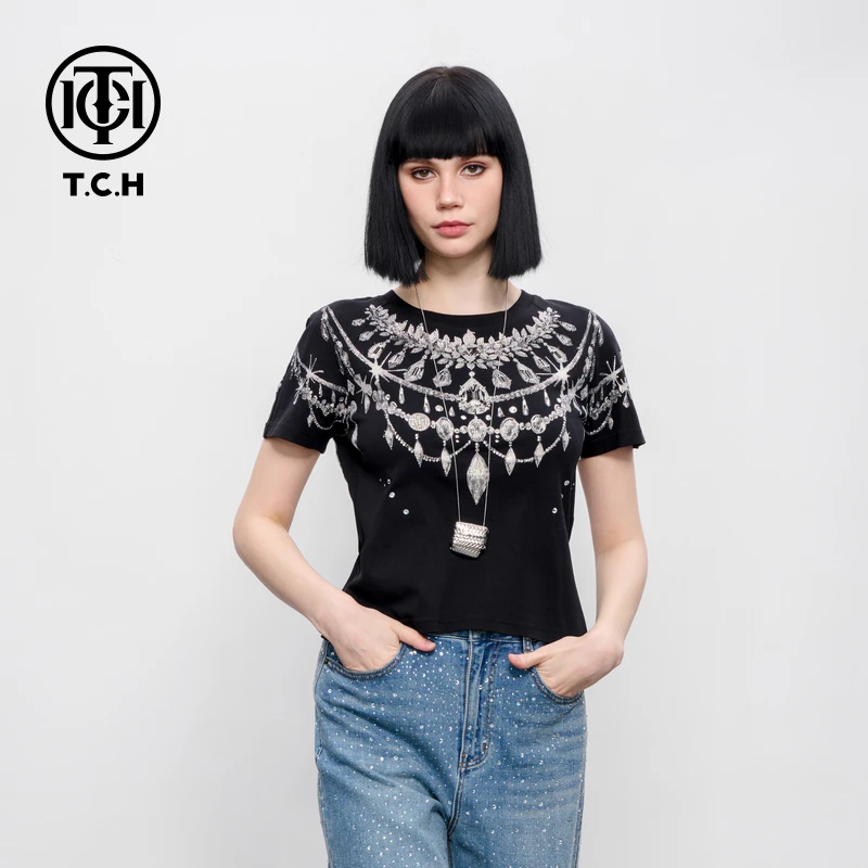 TC 欧式珠宝烫钻短款半袖上衣街头时尚洋气短袖T恤女2025夏季新款