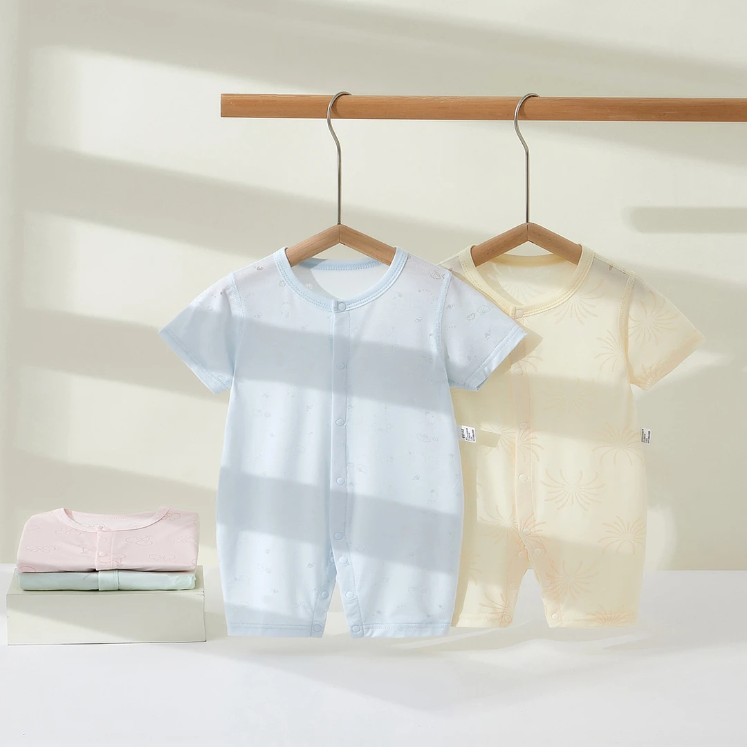 婴儿衣服莫代尔薄款夏款镂空a类新生儿无骨短袖哈衣出生宝宝哈衣