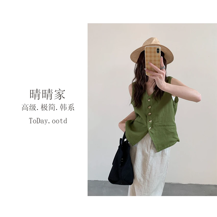 晴晴家-【时光密码】夏季韩系百搭简约气质纽扣亚麻宽松马甲3326