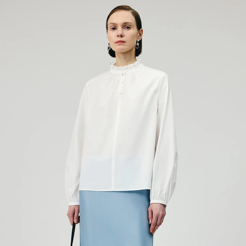 雅令[系列] 逸芳/匹马棉碎褶圆领衬衫女春秋设计感通勤长袖上衣