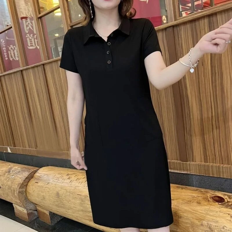 2023夏季新款妈妈装时尚领纯色宽松显瘦气质休闲百搭连衣裙女