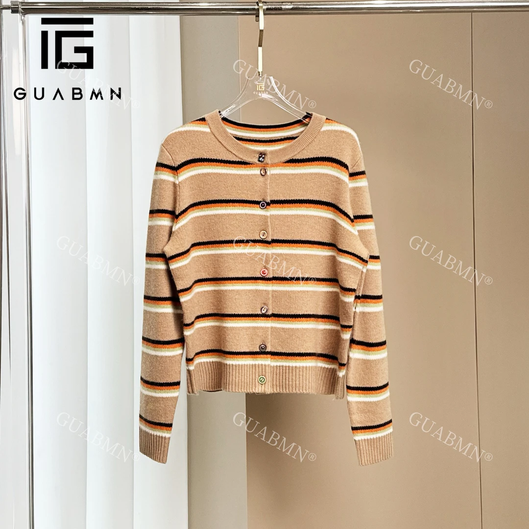 GUABMN2024秋冬新款圆领彩虹扣条纹针织开衫3722
