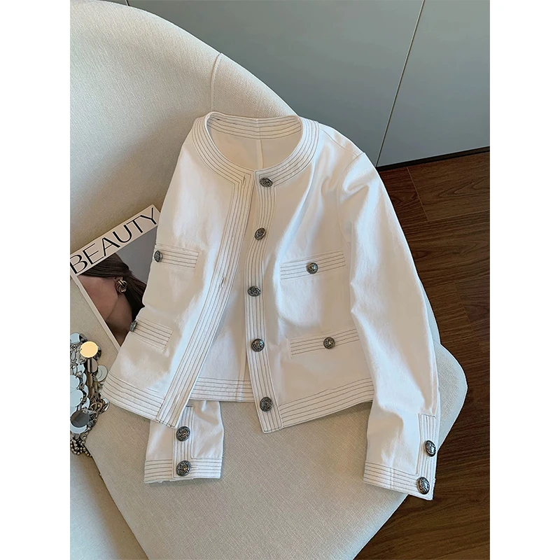 小香风白色圆领明线牛仔外套女2025年秋季新款高级感气质显瘦夹克
