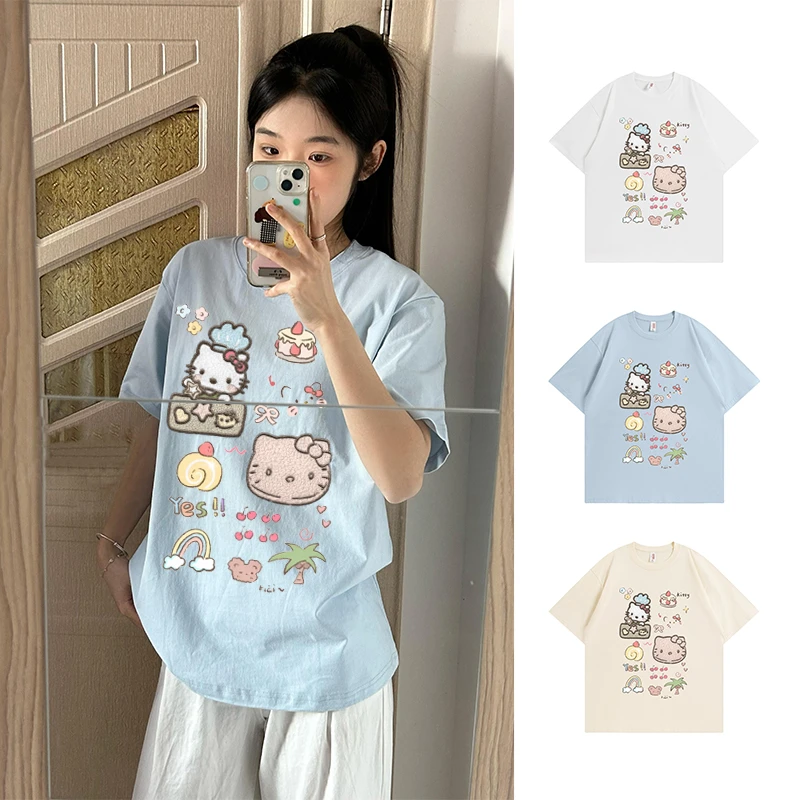 【贴布毛巾绣】学院风夏日hello kitty短袖t恤女新款小个子宽松上衣