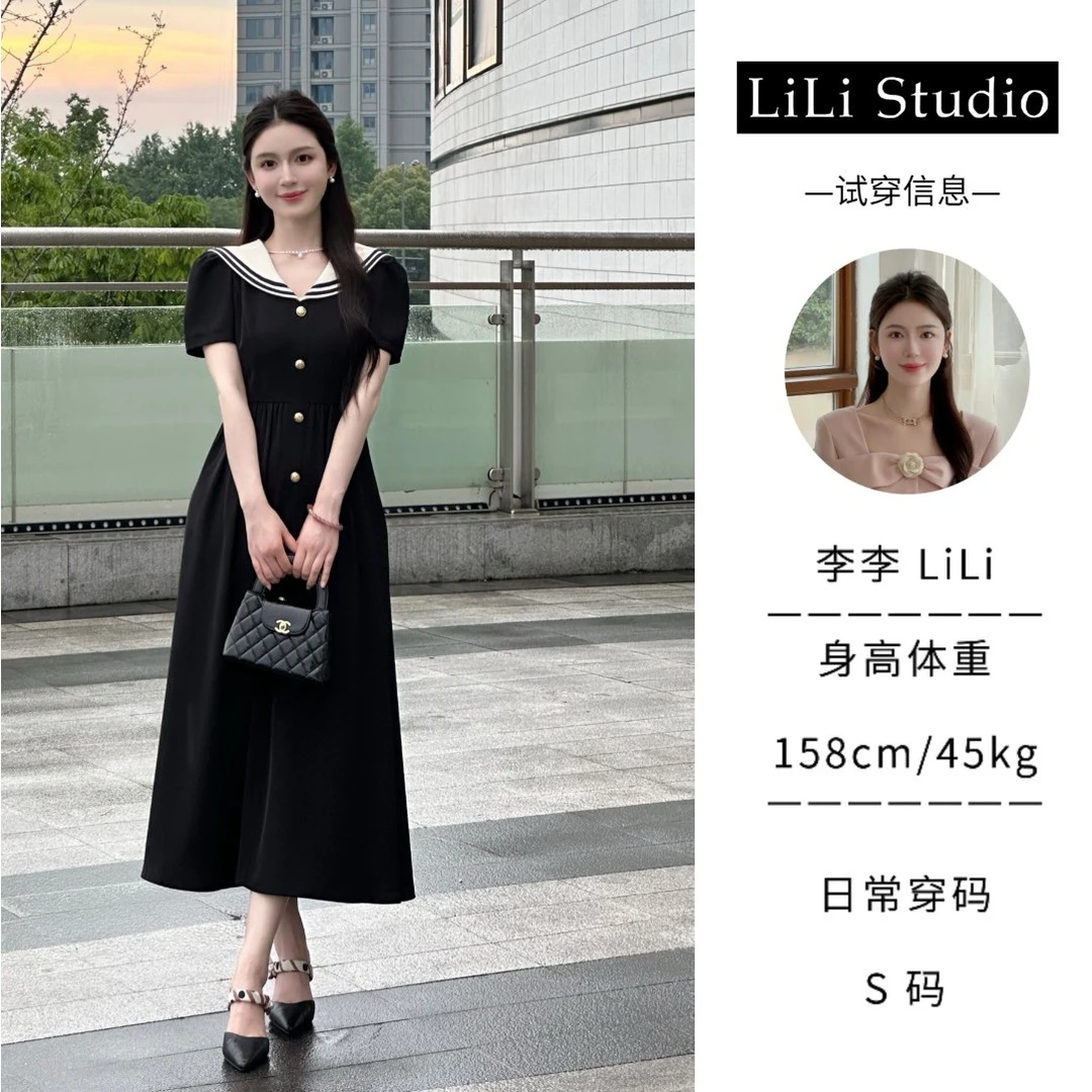 【氧气少女】LiLi法式学院风气质减龄甜美黑色海军领连衣裙XMZH3602