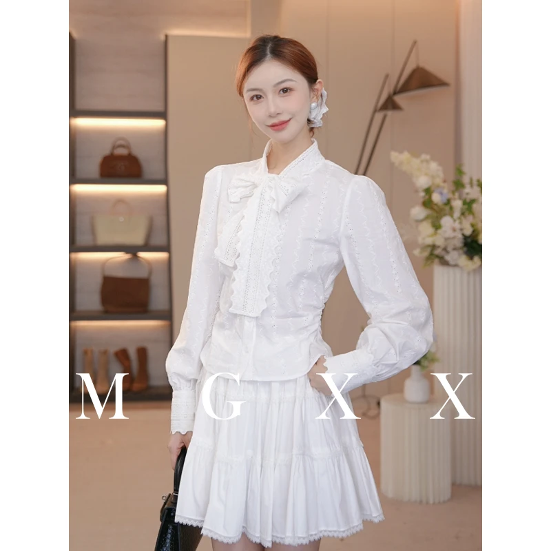 MG小象【月白序章】小香风长袖白色时尚复古衬衫半裙套装M825C13820