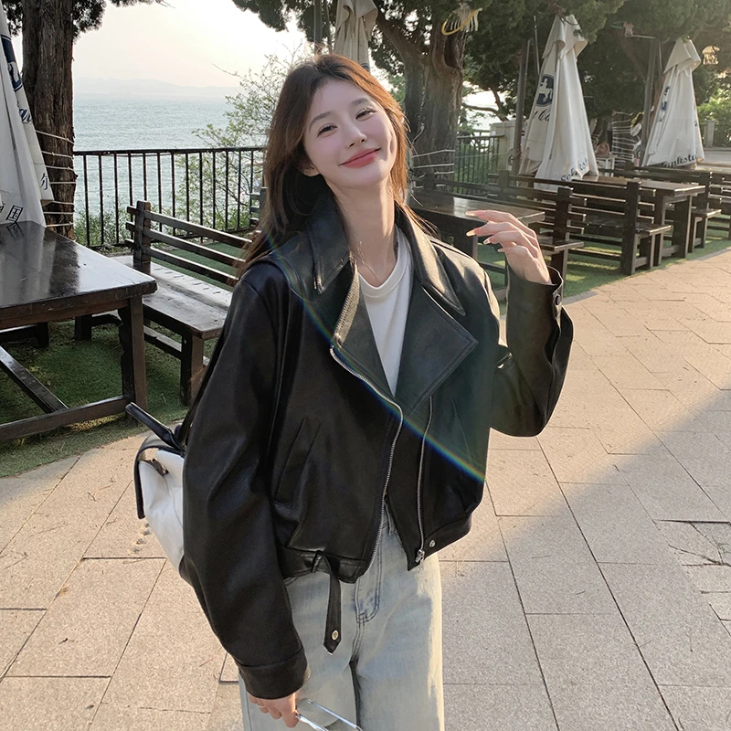 黑色韩版气质复古设计感皮衣短外套女2025春季新款小个子PU皮夹克