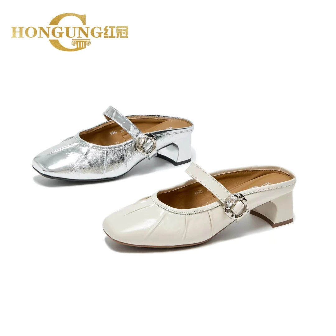 红冠～女法式小香风方头一脚蹬单鞋46603半拖一脚蹬女鞋玛丽珍鞋