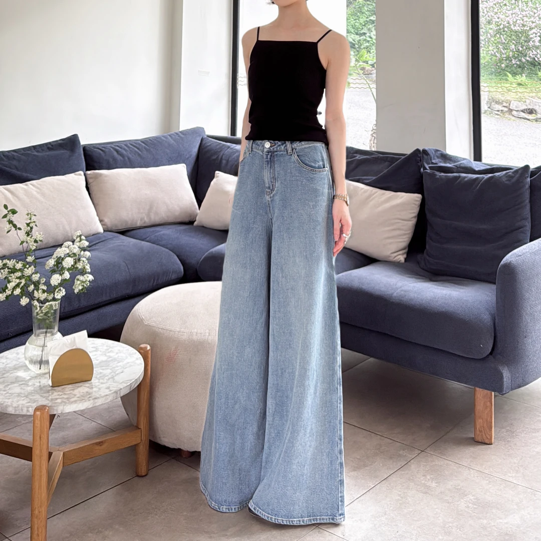 188夏款GLACE立体剪裁复古浅色系水洗高腰阔腿牛仔裤百搭大长腿