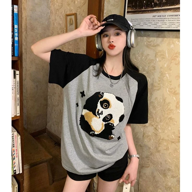 胖墩熊猫纯棉刺绣插肩情侣夏季短袖t恤卡通宽松圆领休闲上衣23018